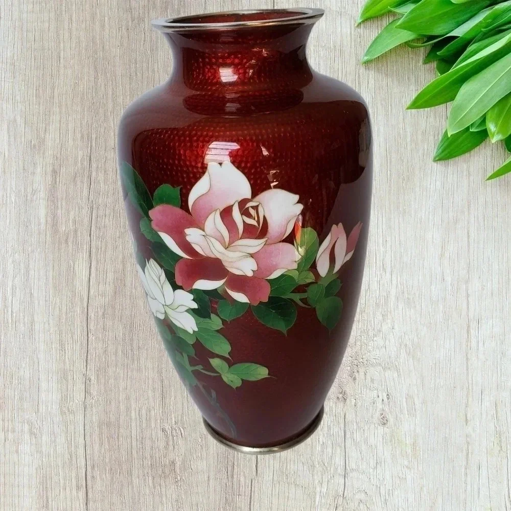 JAPANESE cloisonne vase with crimson rose lovely red